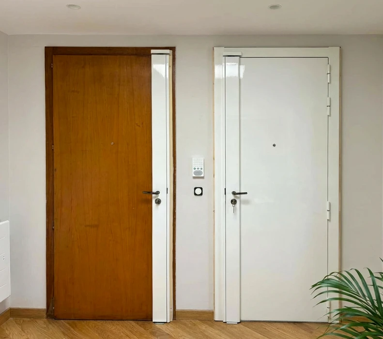 Intérieur en rénovation, mur enduit beige avec une fenêtre à soufflet (oscillo-battante) à châssis PVC blanc, format horizontal panoramique